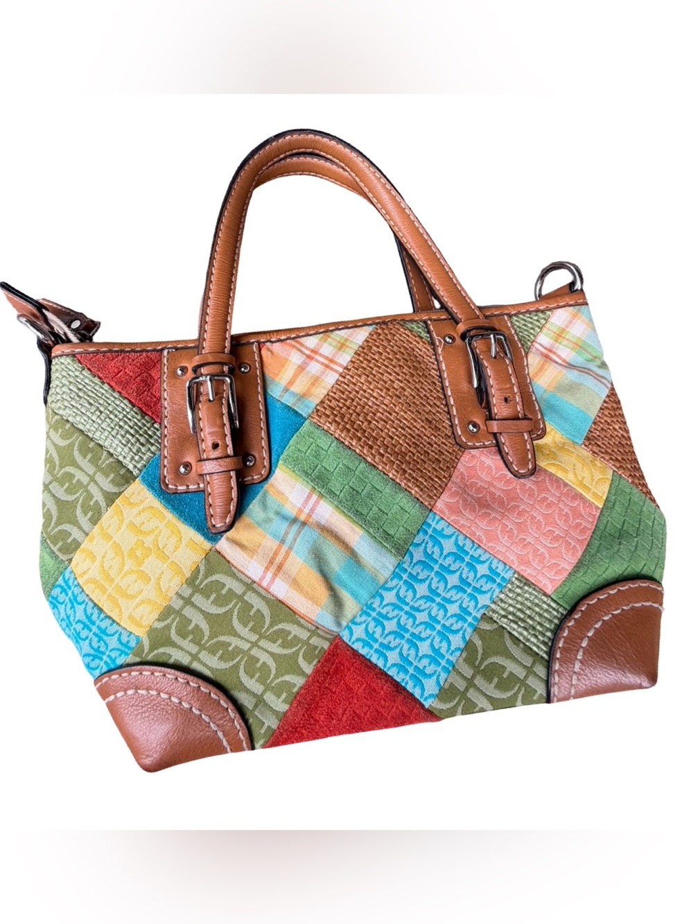 Fossil Key Patchwork Multicolor Satchel Handbag with Tan Leather Trim